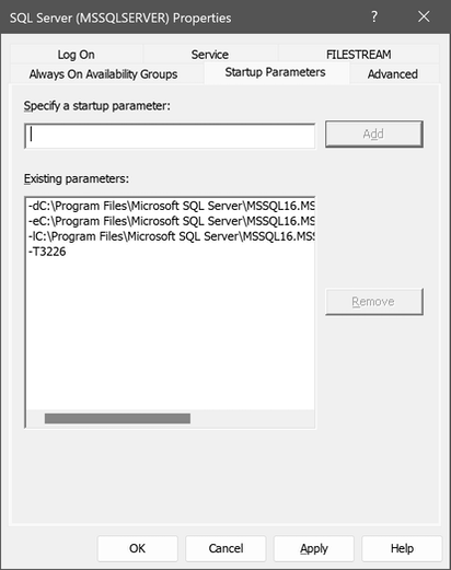 Captura de tela da caixa de diálogo Propriedades do SQL Server (MSSQLSERVER), com a guia Parâmetros de Inicialização selecionada.