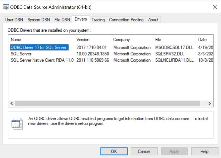 Captura de tela dos drivers do Administrador de Fonte de Dados ODBC disponíveis.