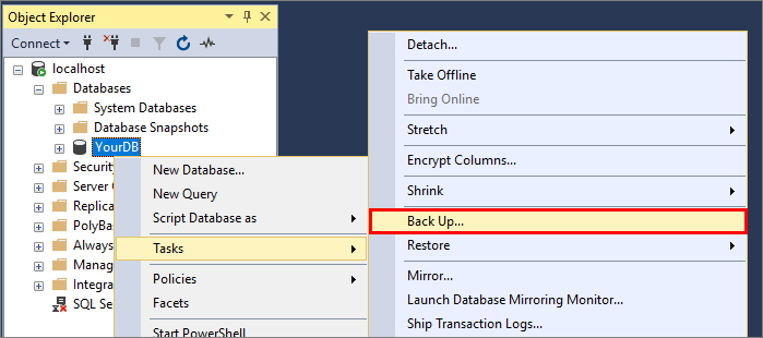 Captura de tela mostrando o uso do SSMS para criar um arquivo de backup.