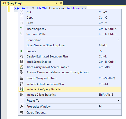 Captura de ecrã de SQL Server Management Studio, mostrando o botão de Estatísticas de Consulta ao Vivo no menu popup.