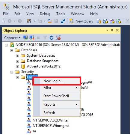Captura de ecrã do comando 'Novo Login' no menu de atalho.