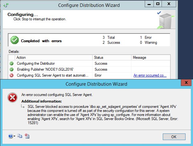 Captura de ecrã da mensagem de erro para configurar o SQL Server Agent.