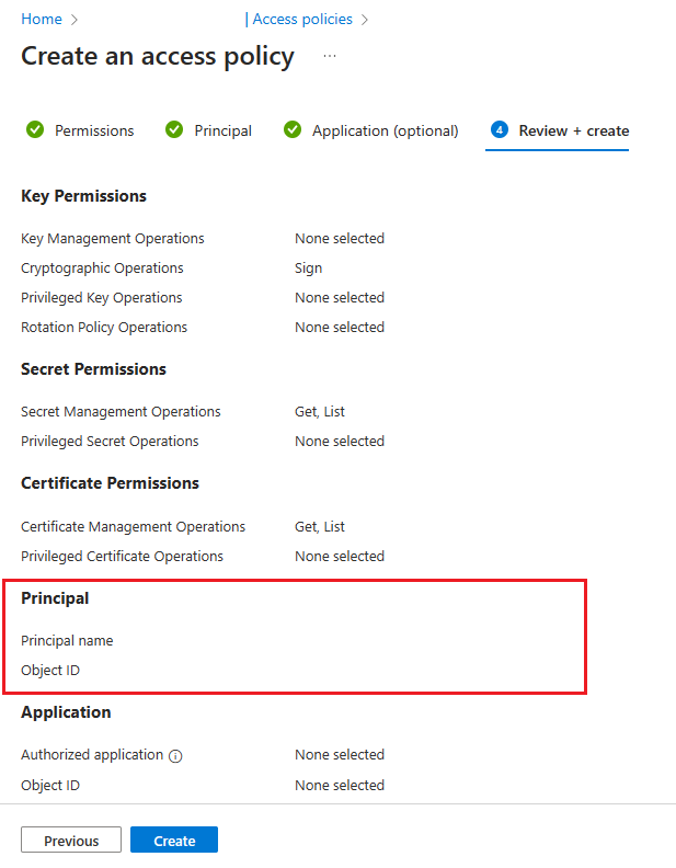 Captura de ecrã do portal do Azure para rever e criar a política de acesso.