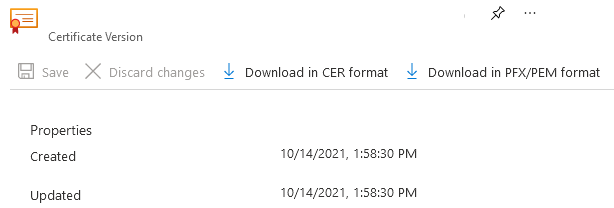 Captura de ecrã do certificado no portal do Azure onde pode ver e transferir o certificado.