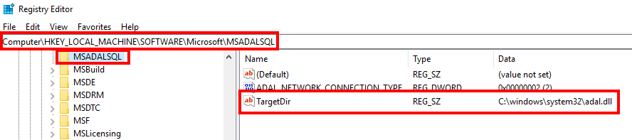 Captura de ecrã da chave de registo para adal.dll.