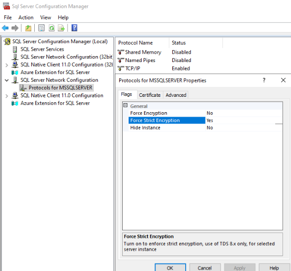 Captura de tela da opção Forçar criptografia estrita no Gestor de Configuração do SQL Server.