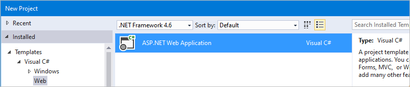 Captura de ecrã do Visual Studio, destacando um novo ASP.NET Site Vazio.
