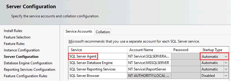 Captura de ecrã da página de Configuração do Servidor. Numa tabela, o serviço SQL Server Agent e um tipo de Automático de arranque são destacados.