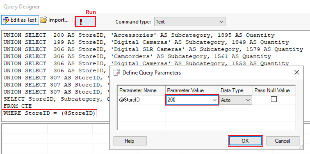 Captura de ecrã que mostra como adicionar o valor do parâmetro no diálogo do Query Designer.