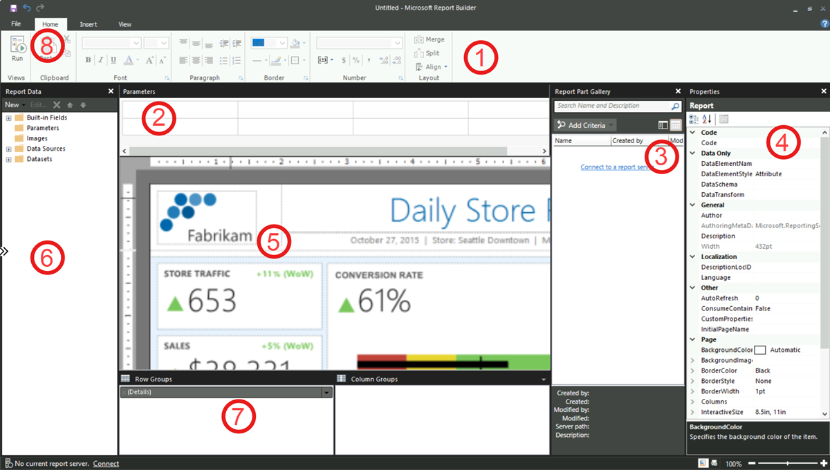 Captura de ecrã da interface Report Builder.