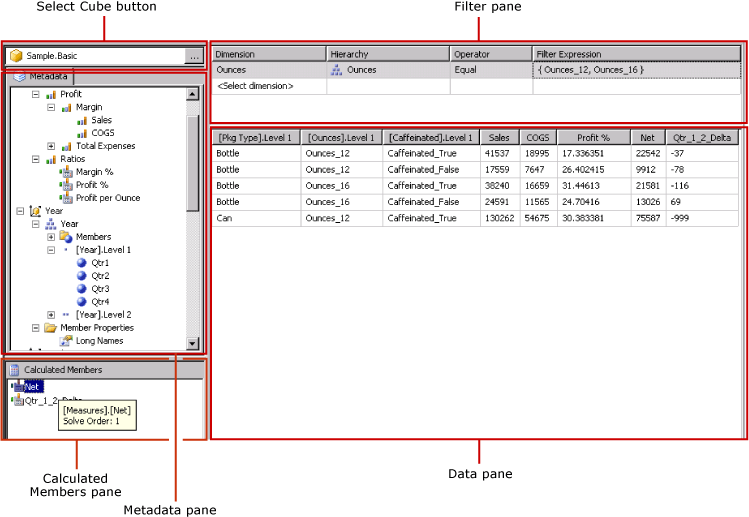 Designer de Consultas para fonte de dados do Hyperion Essbase