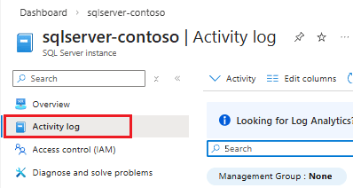 Captura de ecrã do registo de atividades destacado para um recurso de instância SQL Server no portal Azure.