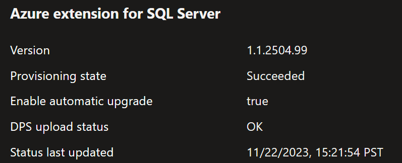 Captura de ecrã da extensão do portal do Azure para SQL Server num estado saudável.
