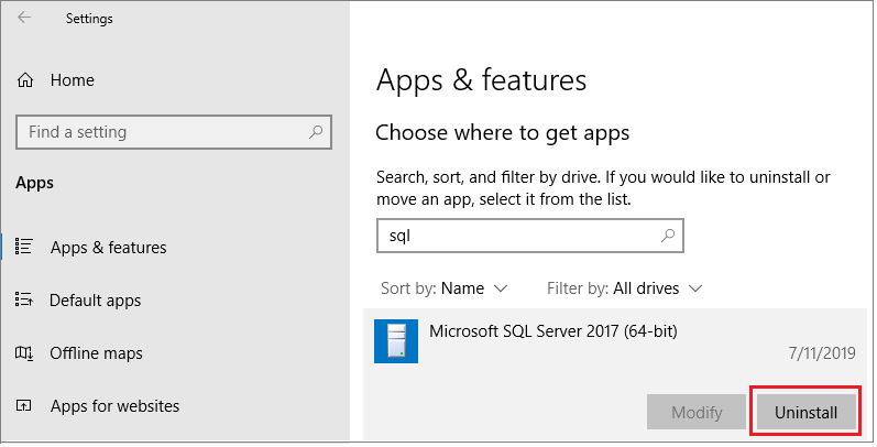 Captura de ecrã a mostrar como desinstalar SQL Server.
