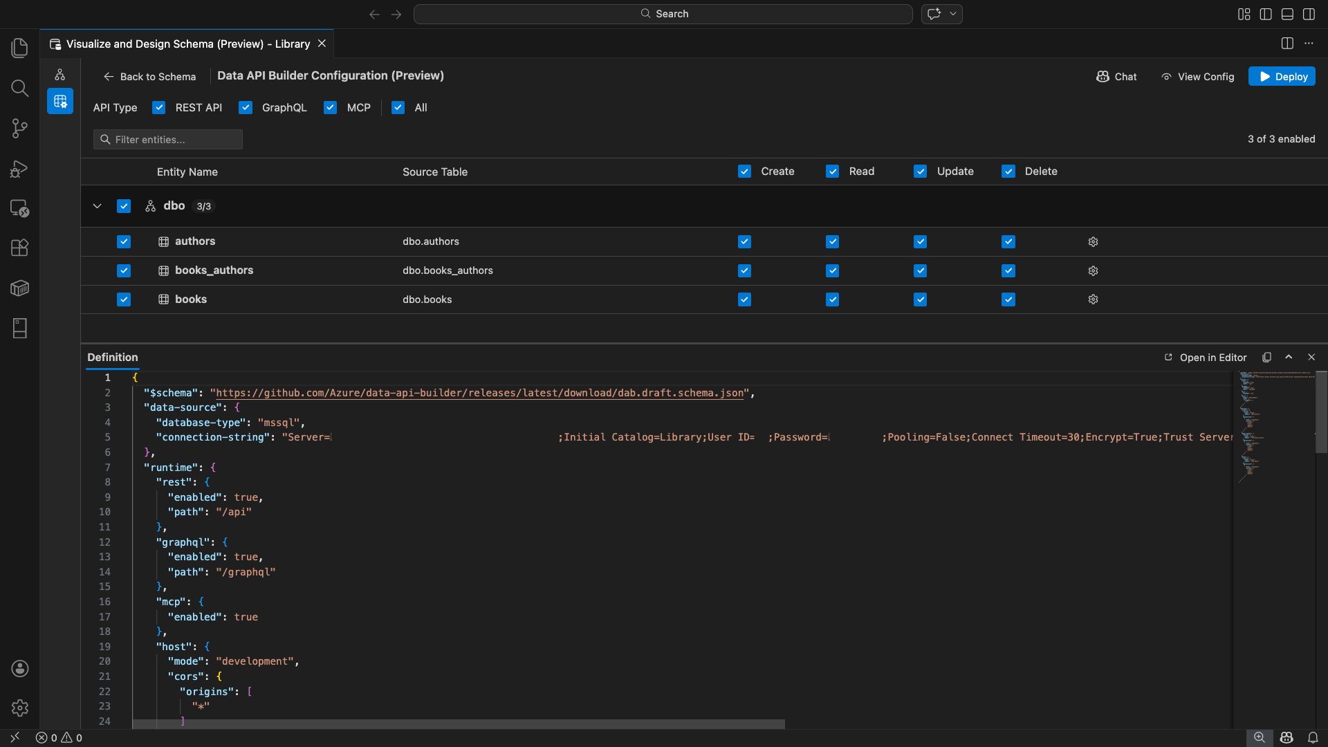 Captura de ecrã da interface do Data API builder com lista de entidades e caixas de seleção CRUD no Visual Studio Code.
