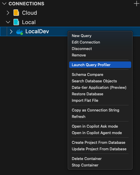 Captura de ecrã da opção Lançar o Query Profiler no menu de contexto Conexões.