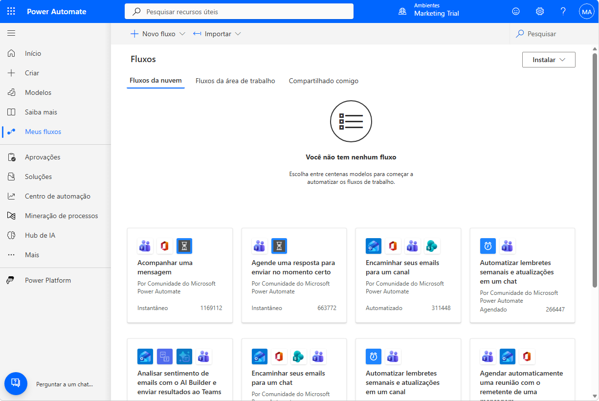 Screenshot de Power Automate mostrando a opção Meus fluxos selecionada no painel de navegação esquerdo.