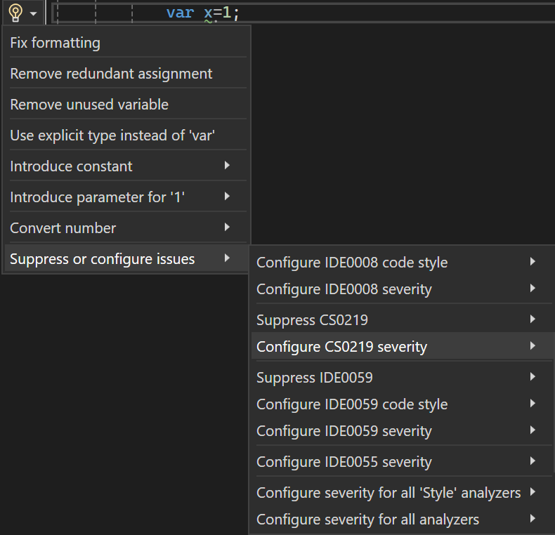 Captura de tela que mostra como configurar a gravidade da regra no menu de lâmpadas no Visual Studio 2022.
