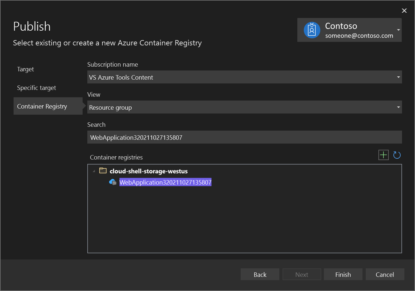 Captura de ecrã da caixa de diálogo Publicar que mostra o registo de contentores do Azure criado.