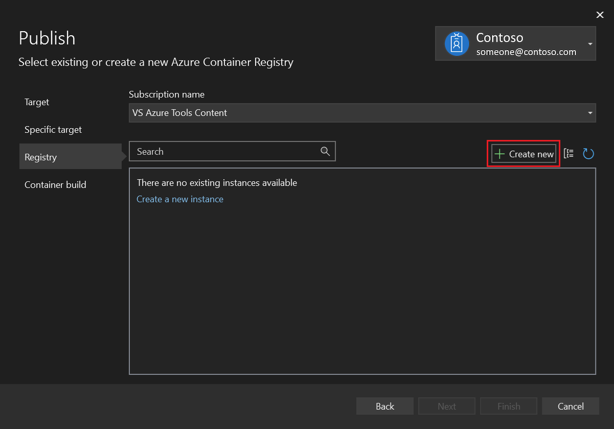 Captura de tela da caixa de diálogo Publicar - escolha Criar um novo Registro de Contêiner do Azure.
