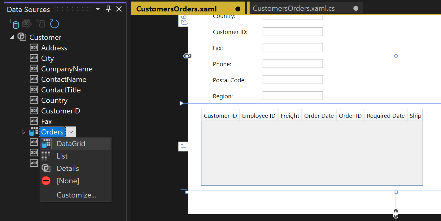 Captura de tela que mostra as classes Orders arrastadas e soltas como uma grade.