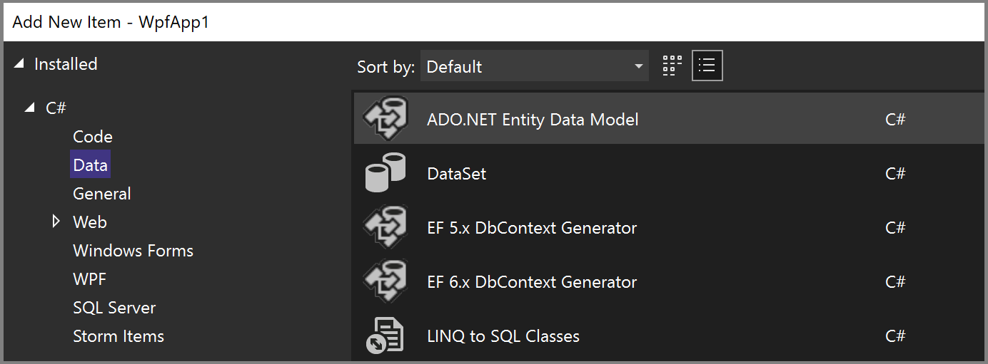 Captura de tela que mostra a janela Adicionar Novo Item com ADO.NET Modelo de Dados de Entidade selecionado.