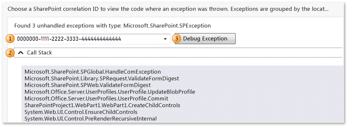 Log do IntelliTrace - Exceções não tratadas do SharePoint