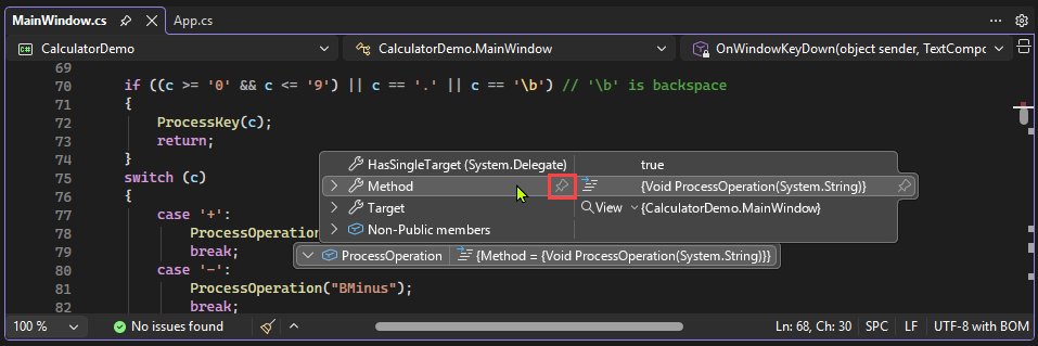 Captura de ecrã que mostra como fixar propriedades numa dica de dados no Visual Studio.