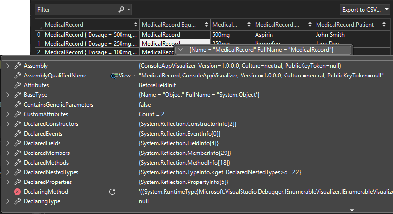 Captura de ecrã que mostra um DataTip a aparecer ao passar o rato sobre uma célula no visualizador IEnumerable.