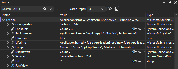 Captura de ecrã a mostrar como ver a janela de Autos em Visual Studio.