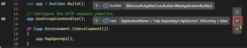 Captura de ecrã a mostrar como fixar uma data tip em Visual Studio.