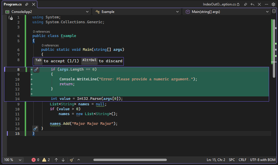 Captura de ecrã da pré-visualização do código em Visual Studio.
