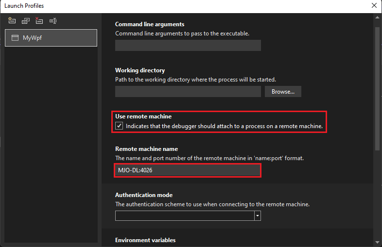 Captura de ecrã da UI do perfil de arranque do Debug nas Propriedades do Projeto do Visual Studio para C# e .NET.