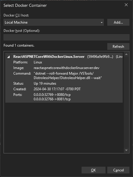 Captura de tela do menu de contêiner do Docker selecionado.