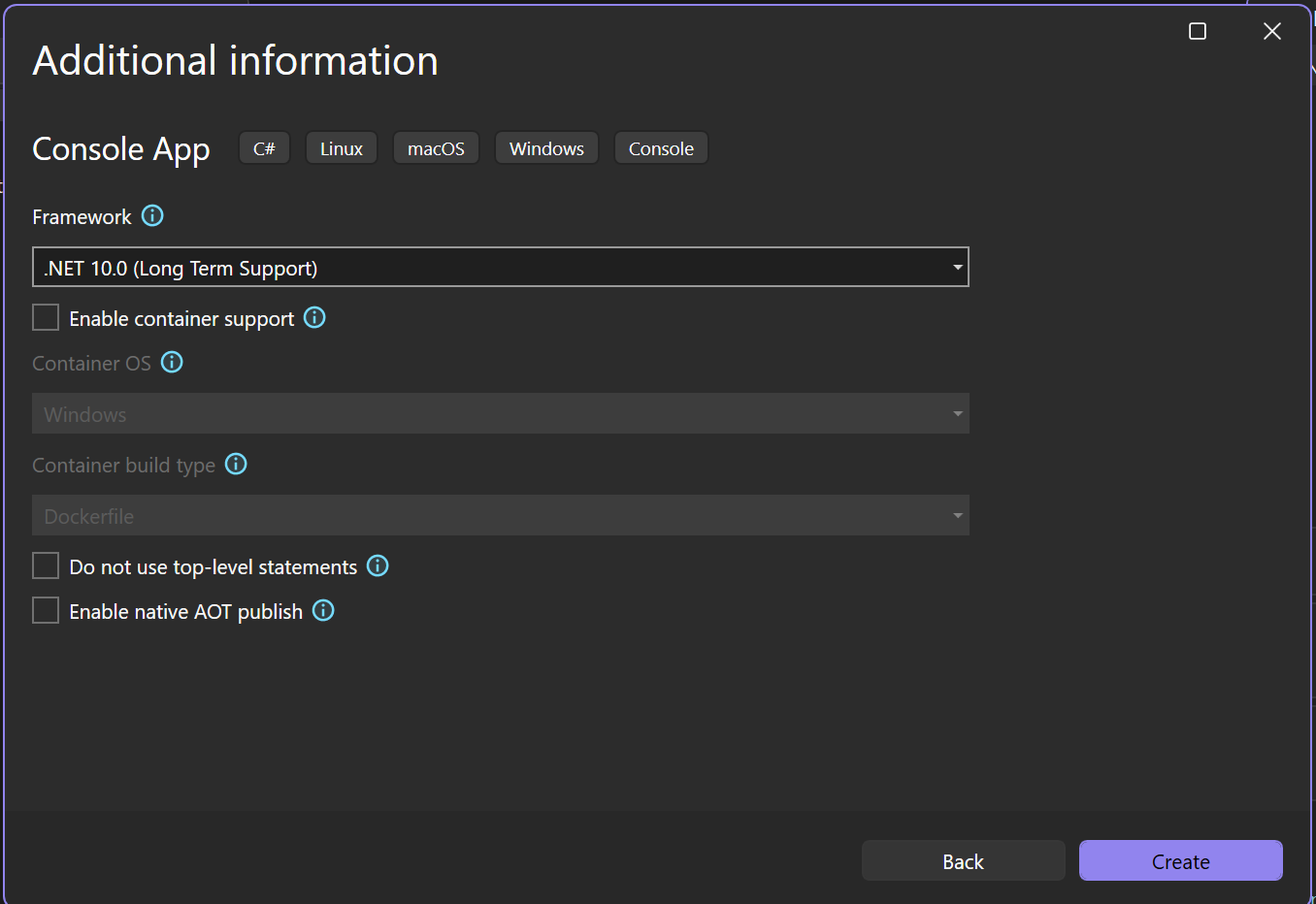 Captura de ecrã da janela de informação adicional no Visual Studio que mostra o .NET 10.0 selecionado como framework alvo para o novo projeto.