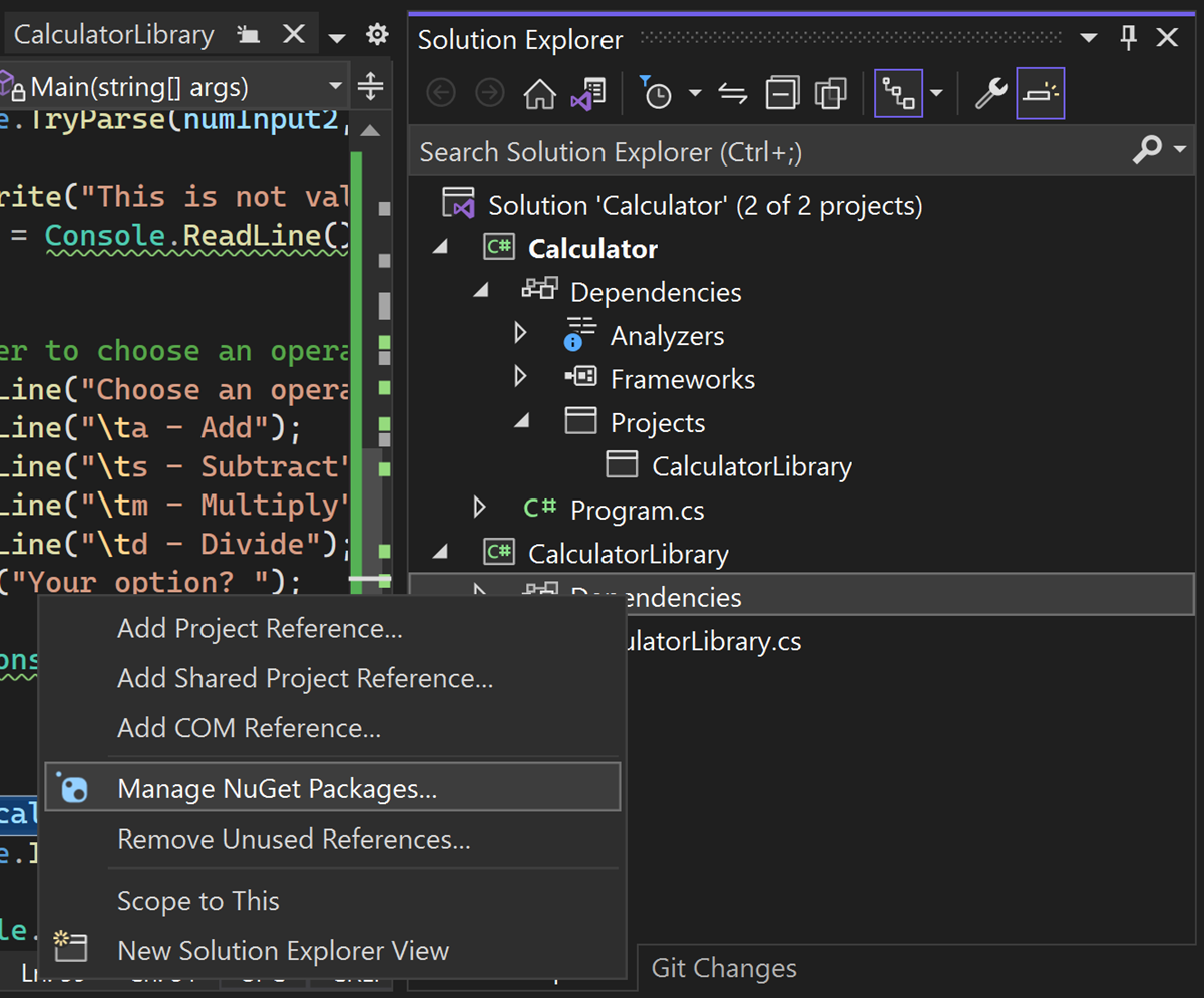 Captura de ecrã de Gerir Pacotes NuGet no menu de atalho.