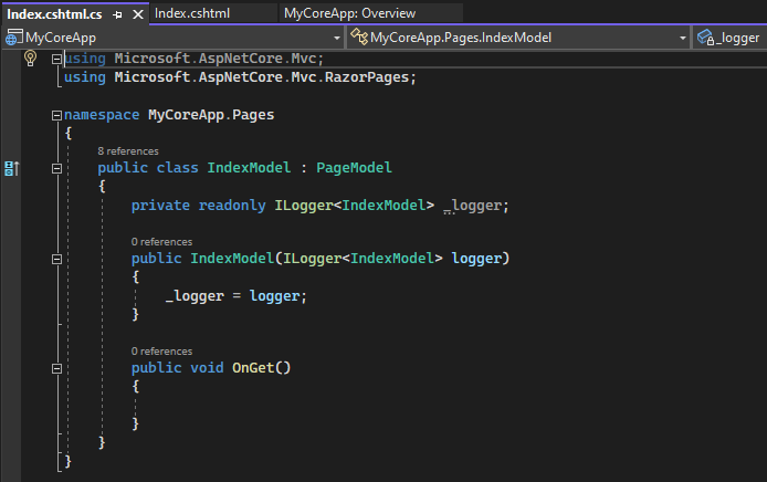 Captura de tela mostra o arquivo de Index.cshtml.cs aberto no editor de código do Visual Studio.