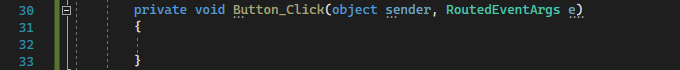 Captura de tela mostrando o código C# para o manipulador de eventos Button_Click padrão.