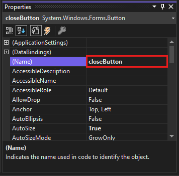 Captura de tela mostra a janela Propriedades com o nome closeButton.