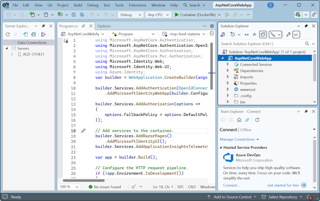 Captura de ecrã que mostra Visual Studio no tema Cool Breeze.