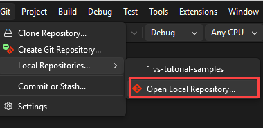 Captura de ecrã do menu Git no Visual Studio com o Repositório Local e o Repositório Aberto Local a mostrar.