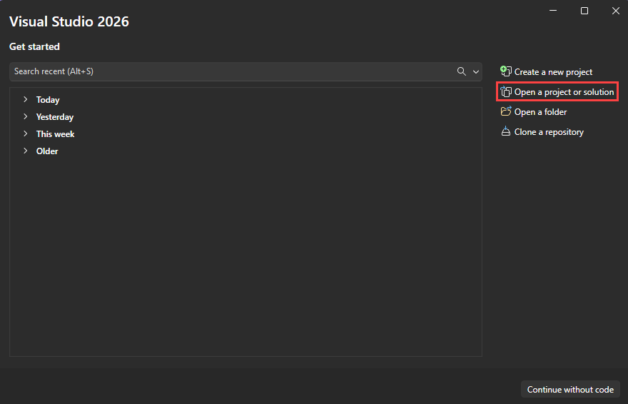 Captura de ecrã da janela 'Abrir um projeto ou solução' no Visual Studio.