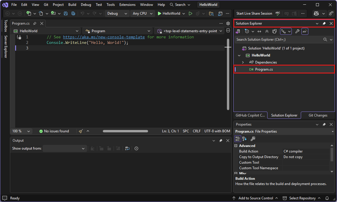Captura de ecrã que mostra o Visual Studio IDE com o código Program.cs no editor.