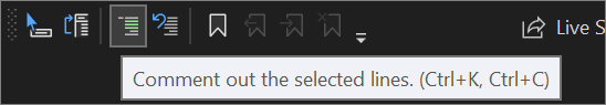 Captura de tela do botão Comentar na barra de ferramentas do Editor de Texto no Visual Studio 2022.