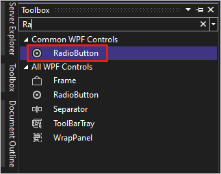 Captura de ecrã a mostrar a janela Toolbox em Visual Studio 2022 com o controlo RadioButton selecionado na lista de Controlos Comuns WPF.