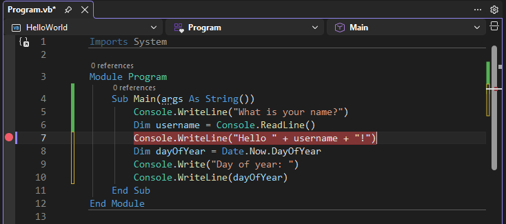  Captura de ecrã que mostra um ponto de interrupção numa linha de código em Visual Studio.