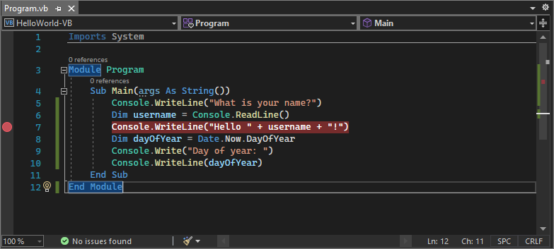 Captura de ecrã que mostra um ponto de interrupção numa linha de código em Visual Studio 2022.