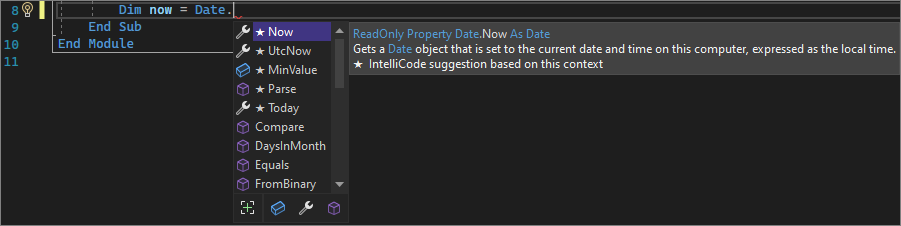 Captura de ecrã de uma lista de membros IntelliSense em Visual Studio 2022.