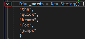  Captura de ecrã do editor de Visual Studio Code com o botão para colapsar o contorno de uma secção de código realçada a vermelho.