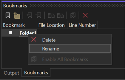 Captura de ecrã da função Renomear no menu contextual do clique direito na janela de Marcadores.